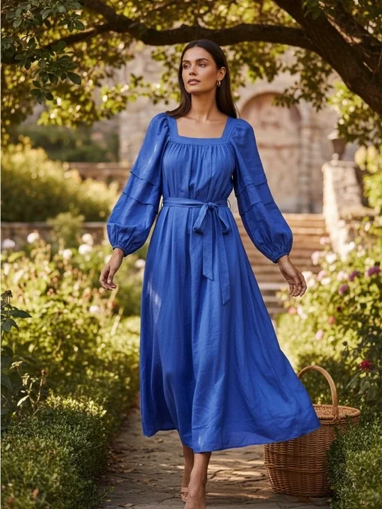 Banana Republic Cobalt Blue Square-Neck Maxi Dress with Tie Waist - Picture 1 of 11